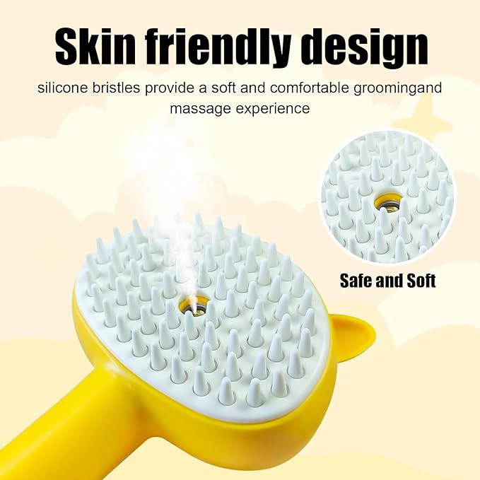 Pet Steam Spray Brush, 4-in-1 Steam Cat Brush with Handle, Rubber Pet Spray Brush, Rubber Pet Spray Brush with Release Button, Dog Comb with Longhair & Shorthair Cat & Dog Cleaner (Yellow)