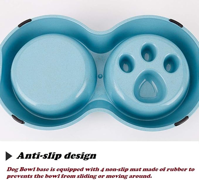 Double Pet Slow Feeder Bowl,Stainless Steel Anti-Choke Puppy Food and Water Feeder with Pet Finger Toothbrush for Small Medium Dog Cats Healthy Care and Adjust Weight