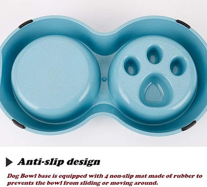 Double Pet Slow Feeder Bowl,Stainless Steel Anti-Choke Puppy Food and Water Feeder with Pet Finger Toothbrush for Small Medium Dog Cats Healthy Care and Adjust Weight