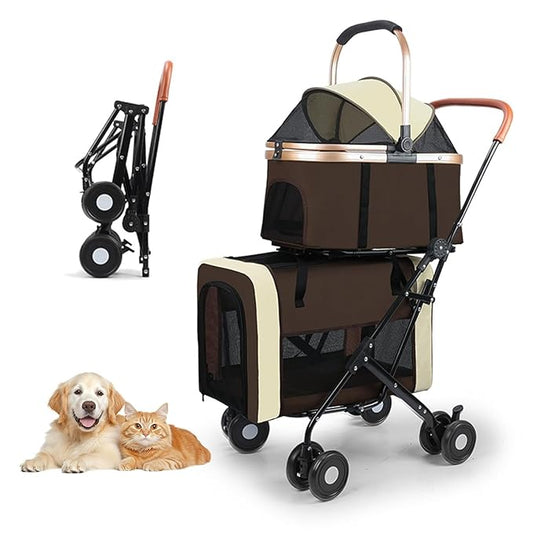 YYW Double Pet Stroller for Small Dogs & Cats - 4 in 1 Foldable Dog Stroller with 2 Detachable Carriers, Lockable Wheels & Safety Belts, Ideal for Multi-Pet Homes Walks & Travel(Brown)