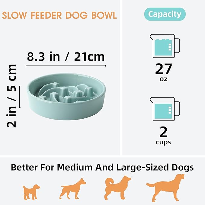 Ceramic Slow Feeder Dog Bowls Large Breed, 2 Cups Slow Eating Dog Bowl, Anti-Gulping Pet Food Bowl Reduce Choking, Heavy Puzzle Maze Design Pet Dishes for Fast Eaters, 8.3 inch - Light Green