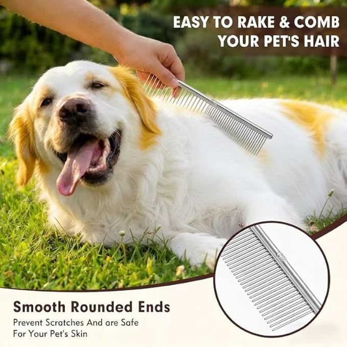 Dog Cat Comb Flea Professional Grooming Tool for Long Short Haired Dog Cat and other pets Stainless Steel Dog Cat Grooming Combs with Rounded Tooth for Remove Fleas Lice Eggs