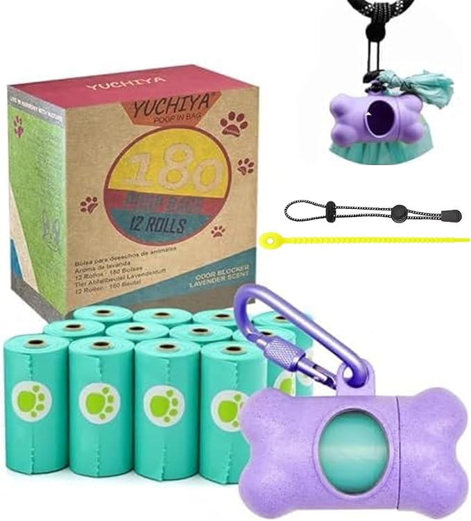 Dog Poop Bags Holder Dispenser with Leak-Proof Scented Doggy Waste Bags and Carabiner Plus Hook and Loop Fastener Never Loose on Leash Lead Again (Purple, 1 Holder 195 Bags)