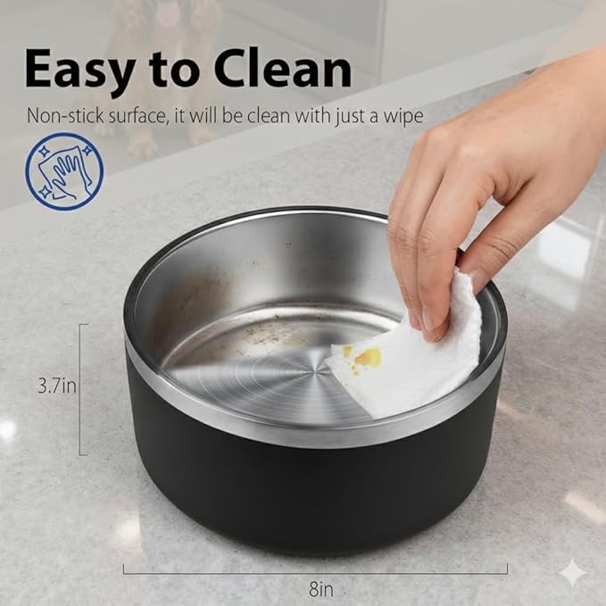 Dog Bowl, Stainless Steel Dog Bowls for Food and Water, Metal Pet Feeding Bowl with Insulated Non-Slip Quiet Bottom, Easy to Clean, Dishwasher Safe, 64oz,8 Cup | Black