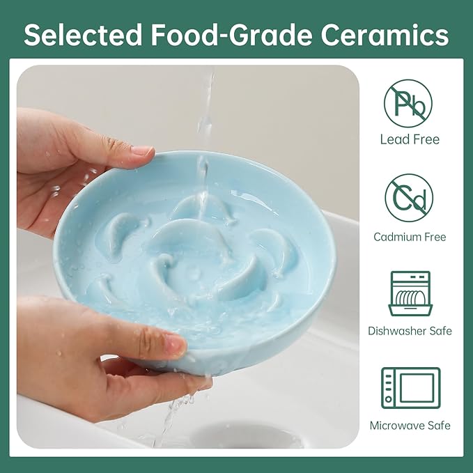 Cat Slow Feeder Bowl Set - 2 Pcs Ceramic Cat Food Plates for Slow Eating - Double Cat Dish for Dry Wet Food - Slow Feeding Cat Bowls Whisker Friendly - Microwave and Dishwasher Safe - White and Blue