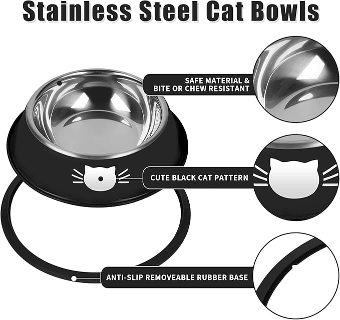 Serentive 2 Pcs Non-Slip Stainless Steel Small Cat Food Bowls - Unbreakable, Thicken 7 Oz Cat Dishes - Indoor, Removable Rubber Base, Easily Clean, Lovely Color