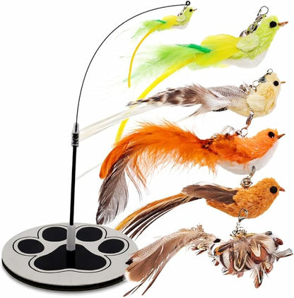 Bird Toy for Cats - 5 Pack Natural Feathers Stable Round Base - Interactive Wand Teaser - Self Play Hunting Enrichment - Bored Indoor Adult Feline Activity - Stimulating Kitten Juguetes para Gatos