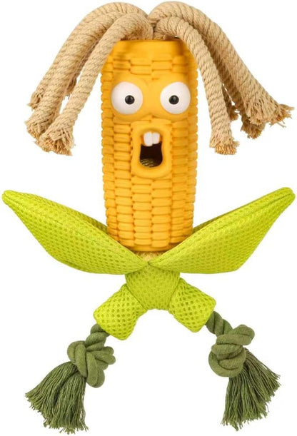 Corn Shape Rubber Dog Toy with Rope Tug, Treat Toys, Squeaker Interactive Durable Chew Toys for Dogs, Safe Non-Toxic Material, Clean Teeth Design for Indoor and Outdoor Play