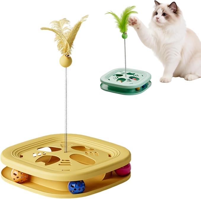 Interactive Cat Toys for Indoor Cats, 2-in-1 Kitten Toys with Balls & Feathers, BPA-Free Safe Material, Non-Slip Base, Sturdy and Durable (Yellow)