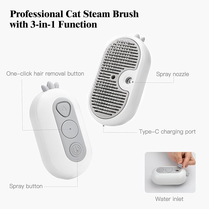 Cat Steam Brush for Shedding,Cat Brushes for Indoor Cats-3-in-1 Self-Cleaning Grooming Tool for Long & Short Haired Cats, Removes Loose Hair & Reduces Shedding,with One-click Cleaning Button (White)