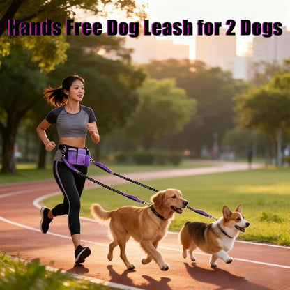 Hands Free Dog Leash for 2 Dogs, Adjustable Waist Belt, Reflective Stitching Leash with Double Padded Handles for Running, Hiking