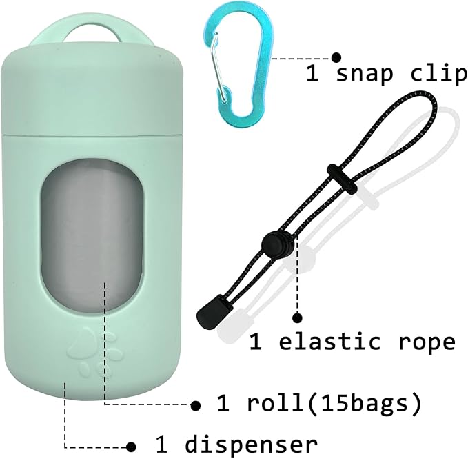 Dog Poop Bag Dispenser for Leash with Snap Clip, Skin-friendly Texture Waste Bag Holder for Dog Walks and Cats, Pets Litter Bag Container, Indoor & Outdoor Use (Green, 1)