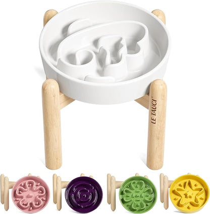LE TAUCI Ceramic Slow Feeder Dog Bowls Elevated, 3 Cup Raised Bowl with Wooden Stand for Medium Large Breed, Slow Down Eating, Puzzle Dog Food Bowl, Angel White