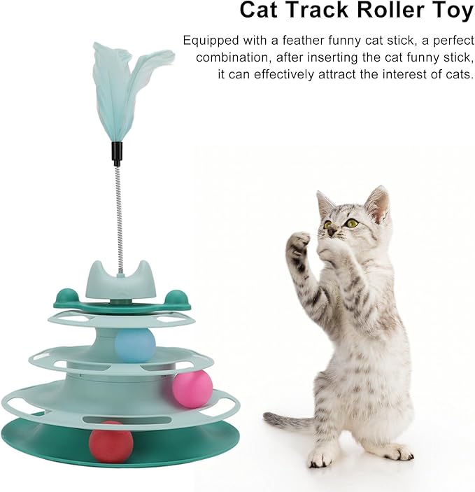 Cat Turntable Ball Toy, 4 Level Interactive Kitten Track Roller Exercise Toy with Feather Stick, Cats Toys Tower Cat Puzzle Toy Suitable for Interactive Kittens Chase Exercise