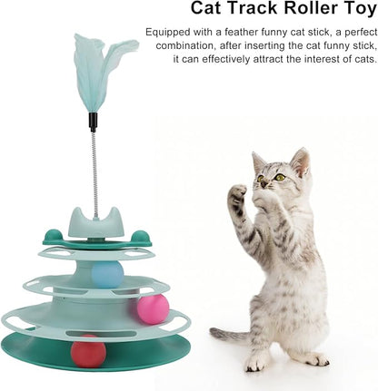 Cat Turntable Ball Toy, 4 Level Interactive Kitten Track Roller Exercise Toy with Feather Stick, Cats Toys Tower Cat Puzzle Toy Suitable for Interactive Kittens Chase Exercise