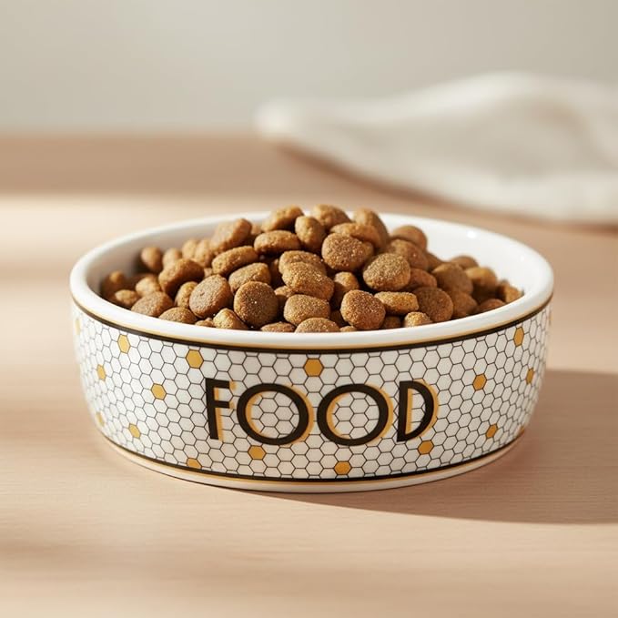 Pearhead Ceramic Dog Food Bowl – Bistro Tile Honeycomb with Gold Accents Stoneware Pet Food & Water Bowl for Small Dogs, Weighted Non-Plastic Feeding Dish, Small/Medium 2.25 Cups/ 18 oz