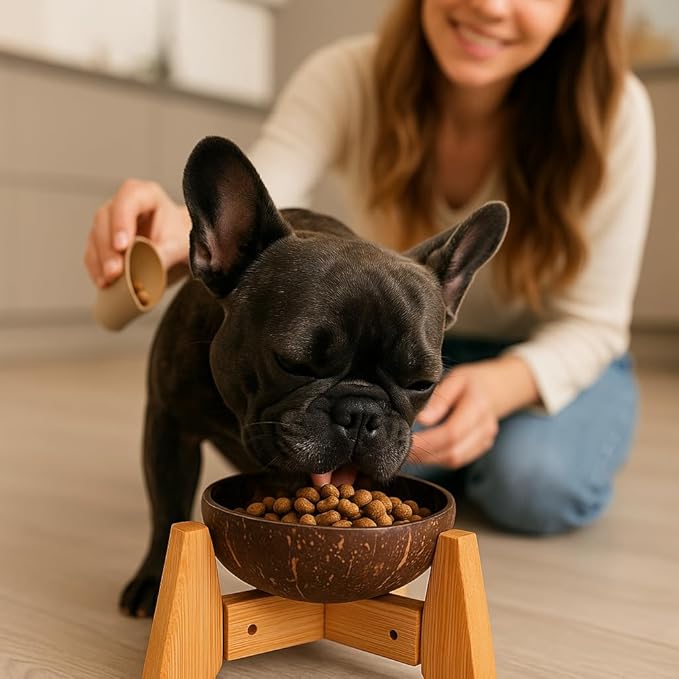 Raised Dog Bowl for Small Dogs - Elevated Natural Coconut Shell Bowl with Wood Stand - Around 20-oz Capacity - Suitable of Wet and Dry Dog Foods