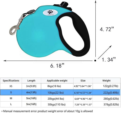 13ft Retractable Dog Leash for Small Breed Dogs up to 22 lbs with a Detachable Chew Proof Extender Wire Ropes (Blue S)