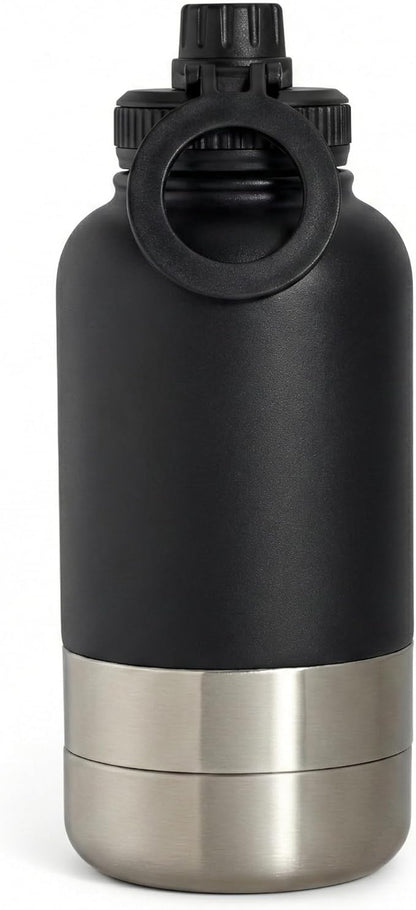 Portable Dog Water Bottle - 3 in 1 Insulated Stainless Steel Travel Bowl & Food Dispenser with Leak Proof Magnetic Lid - Dog Accessories for Walking, Hiking, Outdoor, Camping (32oz Black)