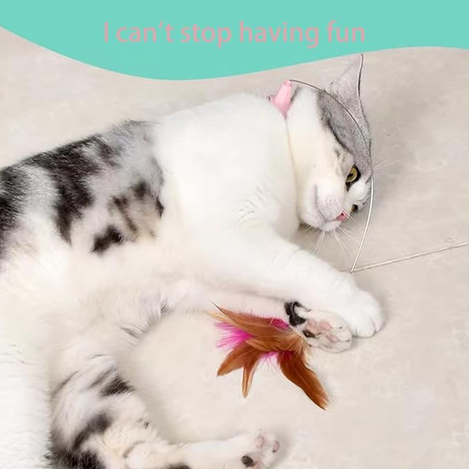 Interactive Cat Toy, Cat Teaser Wand Collar with Silicone Collar, Feather Toys for Kitten Play, Pink