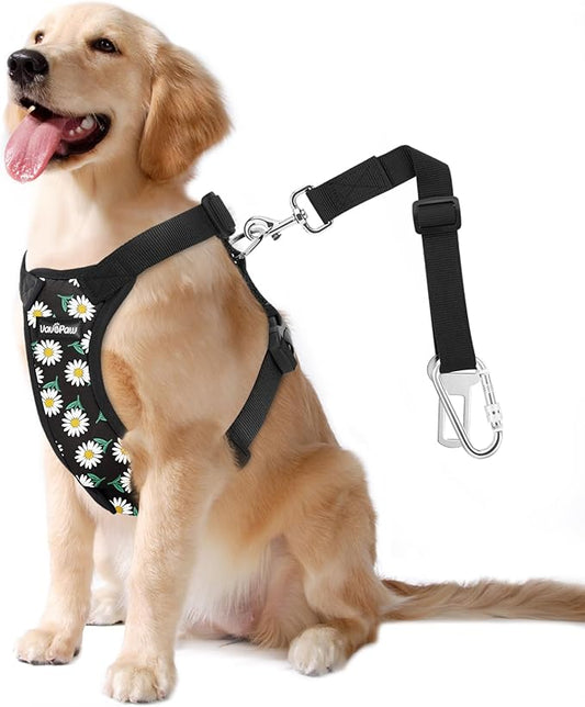 VavoPaw Dog Seat Belt, Safety Vest Dog Car Harness with Adjustable Buckle Dog Seat Belt for Vehicle Nylon Pet Safety Seat Belts Heavy Duty(L, Black Daisy)