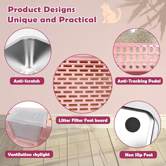 Vivifying Pink Stainless Steel Covered Cat Litter Box – Odor-Control, Easy-Clean Modular Enclosed Kitty Toilet, Elegant Design for Stylish Cat Moms