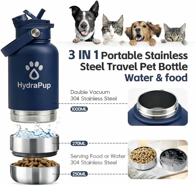 32oz Insulated Water Bottle with Dog Bowls – Human & Pet Shared Use, Stainless Steel Leakproof Travel Bottle (Navy Blue)