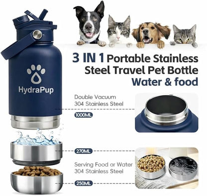 32oz Insulated Water Bottle with Dog Bowls – Human & Pet Shared Use, Stainless Steel Leakproof Travel Bottle (Navy Blue)