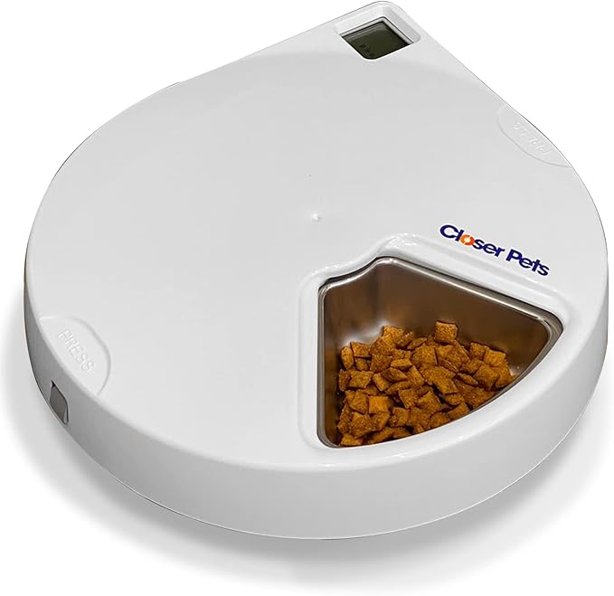 Closer Pets C500 5 Bowl Digital Timer-Controlled Automatic Pet Feeder - 5-Meal Feeder with Stainless Steel Bowl and Ice Packs, Wet or Dry Food, 5 Meals Up to 0.73 lb Each, White