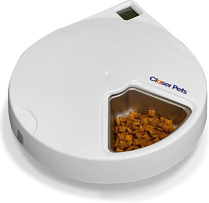 Closer Pets C500 5 Bowl Digital Timer-Controlled Automatic Pet Feeder - 5-Meal Feeder with Stainless Steel Bowl and Ice Packs, Wet or Dry Food, 5 Meals Up to 0.73 lb Each, White