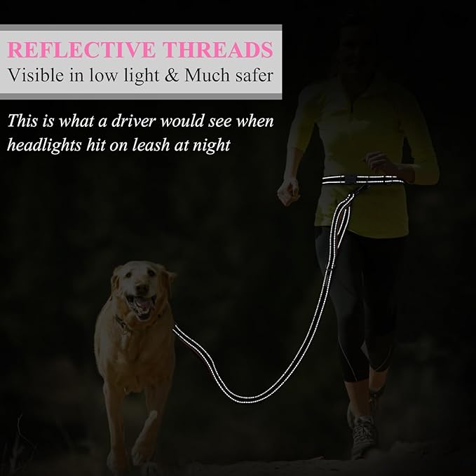 VIVAGLORY Hands Free Dog Leash Bungeeone Running Dog Leash with Waist Belt for Running Walking & Jogging, Bungee & Around Waist for Pet, M, Black/Pink