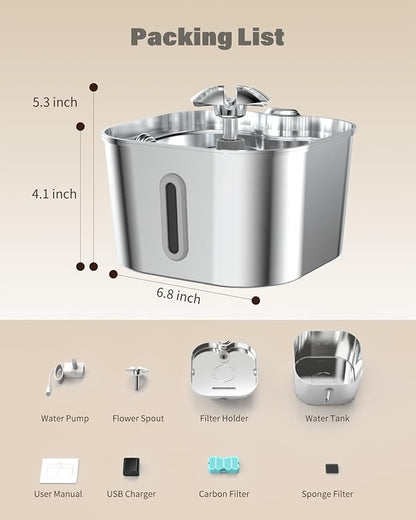 Wonder Creature Cat Water Fountain Stainless Steel, 74oz/2.2L Automatic Quiet Cat Drinking Fountain, Indoor Water Dispenser for Cats, Kittens, Small Dogs and Pets, Circulating Pet Water Fountain