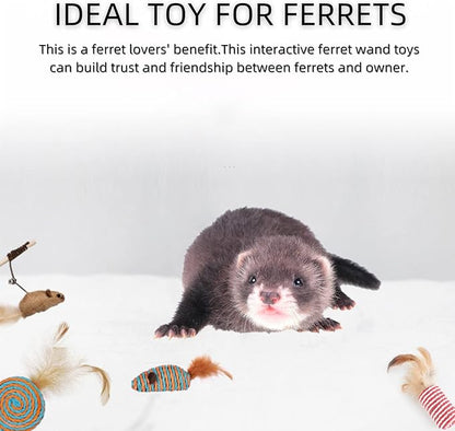 HAICHEN TEC 7 Pack Ferret Toys - Interactive Ferret Toys Assortments Feather Teaser Wand with Sisal Mice Balls and Bells Toys for Ferret Cat Kitten Puppy (7 Pack)