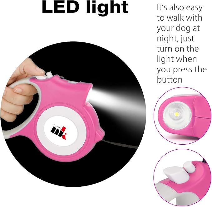 Retractable Dog Leash with LED Light Makife 5m Extendable Dog Lead for Small Medium Puppis up to 25kgs, One-Hand Brake & Lock System, Ergonomic Handle - Pink