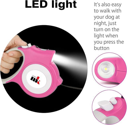 Retractable Dog Leash with LED Light Makife 5m Extendable Dog Lead for Small Medium Puppis up to 25kgs, One-Hand Brake & Lock System, Ergonomic Handle - Pink