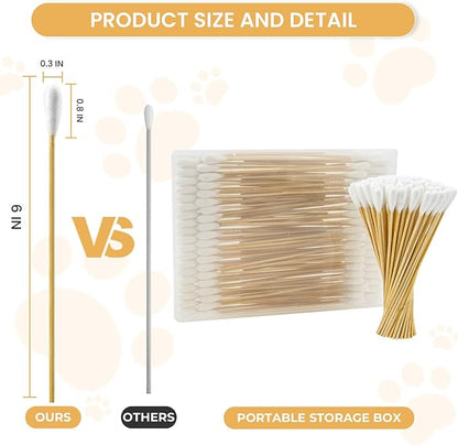 100 PCS Large Cotton Swabs with Storage Box - 6 Inch Dog Ear Swabs with Bamboo Handle for Pet Cleaning - Soft Cotton Head, Gentle and Lint-Free, Specific for Pets, Dog Ear Cleaner Tool