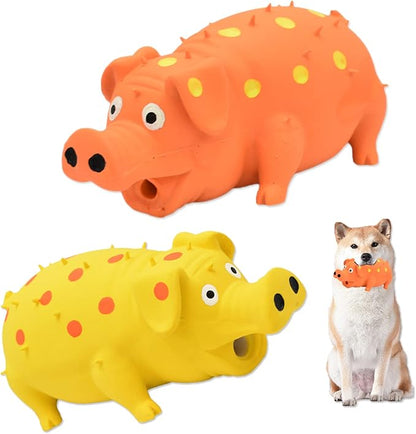 Pig Squeaky Dog Toy, 2 PCS Interactive Rubber Dog Chew Toy - Durable Latex Spot Grunting Pig Toys that Oink for Small Medium Large Dogs (Orange, Yellow)