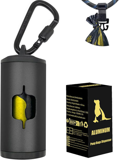 Metal Dog Poop Bag Holder w/Leash Clip|Durable Scratch-Resistant Aluminum|15 Bags+3 Accessories(Black)