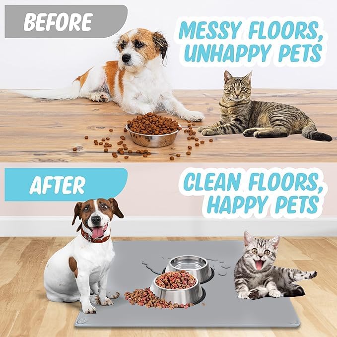 TidyFriend Pet Food Mat 30 x 36” - Pet Tray for Food and Water - Silicon Cat & Dog Feeding Tray - Large Non Slip Waterprood Feeding Placemat - Easy to Clean (Light Grey)