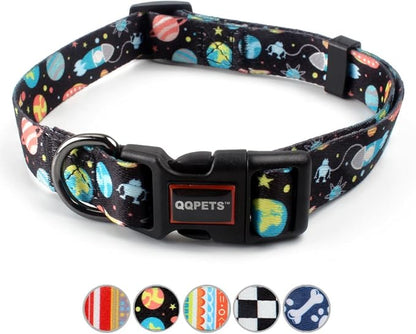 QQPETS Adjustable Soft Dog Collar: Print Flower Pink Multicolor Cute Patterns for XS Small Medium Large Pet Girl Boy Puppy Walking Running Training (M, Space)