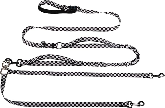 Roses&Poetry Hands Free Double Dog Leash for Two Dogs, 9-11ft Adjustable Bungee Walking Waist Lead, Dual Dog Leash with Tangle-Free Swivel for Medium Large Dogs Heavy Duty Running(Blackwhite)