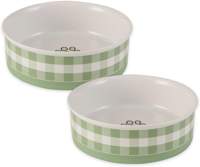 Bone Dry Ceramic Food Bowls, Non-Slip & Dishwasher Safe, Large Set, 7.5x2.4 Desert Sage Check