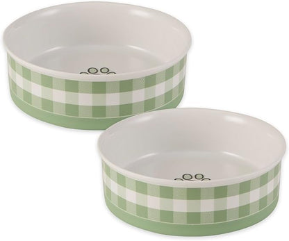 Bone Dry Ceramic Food Bowls, Non-Slip & Dishwasher Safe, Large Set, 7.5x2.4 Desert Sage Check