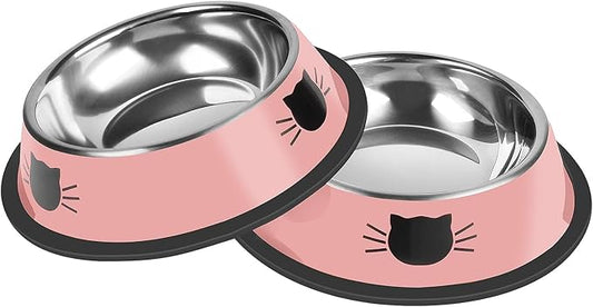 Serentive 2 Pcs Non-Slip Stainless Steel Small Cat Food Bowls - Unbreakable, Thicken 7 Oz Cat Dishes - Indoor, Removable Rubber Base, Easily Clean, Lovely Color