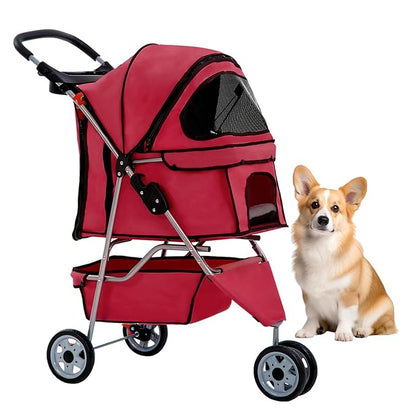 BestOffice Pet Stroller for Small Medium Dogs & Cats, 3-Wheel Foldable Dog Stroller with Cup Holder, Lightweight Travel Carrier, Waterproof Design for Outdoor Walks, Red