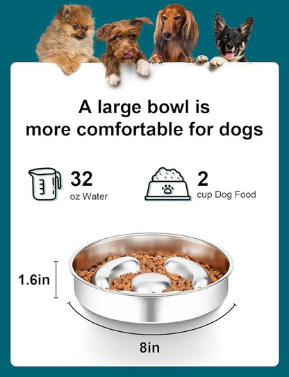 Slow Feeder Dog Bowl Stainless Steel，8-inch Diameter Dog Slow Feeder Bowl，Heavy Duty with Non-Slip Rubber Base，2Cups Capacity for Medium & Large Dog.Thick and Heavy Edition