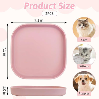 Fhiny 2PCS Silicone Cat Bowls Set 7.1 x 7.1 in Shallow Dog Dish Whisker Friendly Cat Food Plate for Dry & Wet Food Dishwasher Safe Non-Slip Pet Feeding Bowls for Kittens and Puppies (Pink)