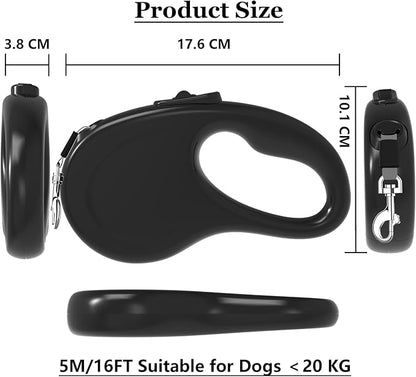 Retractable Dog Leash, 16Ft/5M Light Weight Retractable Leash for Small Medium Dogs/Cats Up to 50lbs, Strong Nylon Tape 360° Tangle-Free One-Hand Brake (Black)