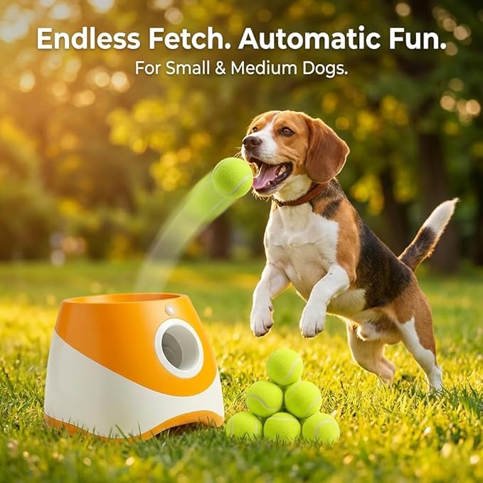 Dog Ball Thrower – Automatic Interactive Pet Tennis Ball Launcher with 6 Balls, USB Charging & Multiple Distance Settings Indoor & Outdoor Training & Play Toy for Small & Medium Dogs (Yellow)