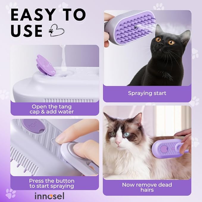 Cat Steam Brush for Shedding, 4-in-1 Rechargeable Pet Grooming Brush for Cats & Dogs, Anti-Static, Massage, Cleaning & Combing with Gentle Steam, Removes Loose Hair & Tangles (Purple)